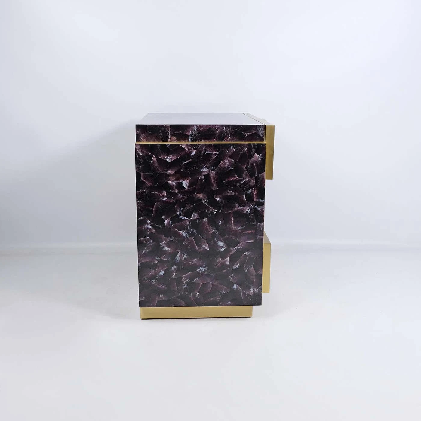 Pair of Bedside Tables In White & Purple Marquetry With Brass