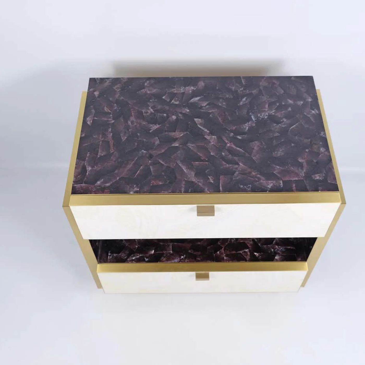 Pair of Bedside Tables In White & Purple Marquetry With Brass