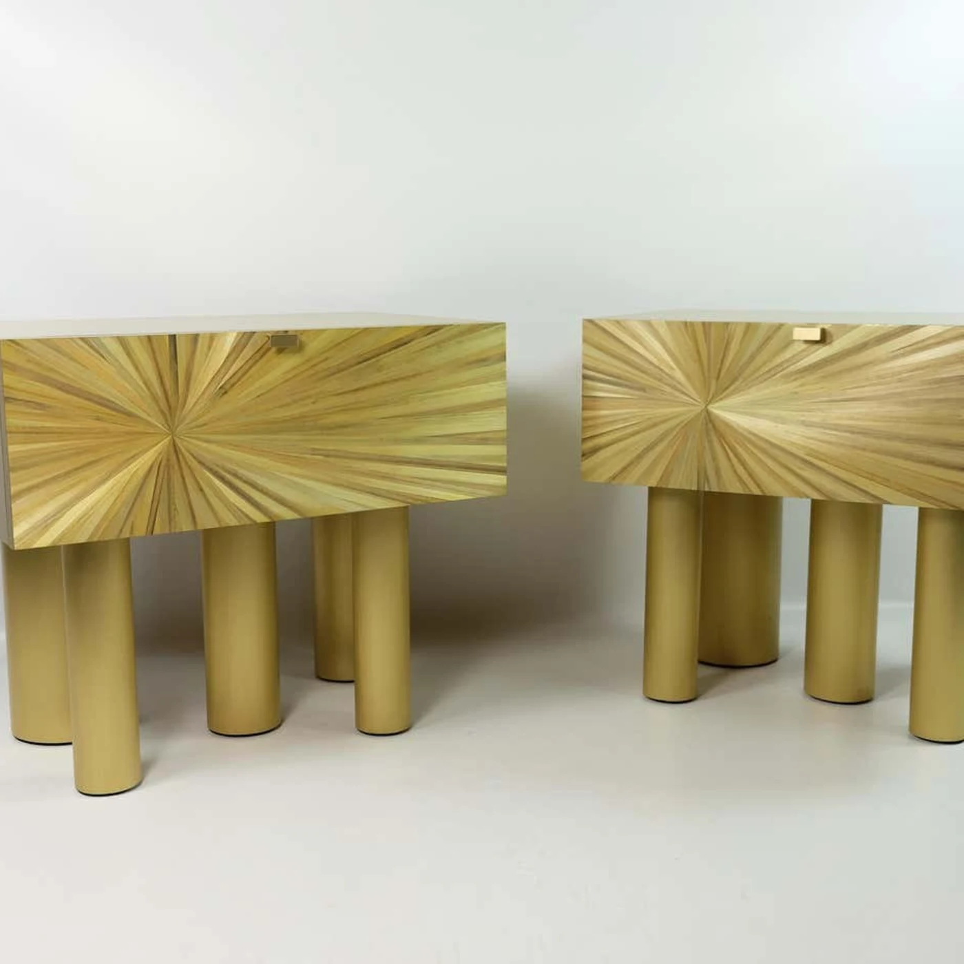 Pair of Night Stands In Brass & Natural Straw Marquetry