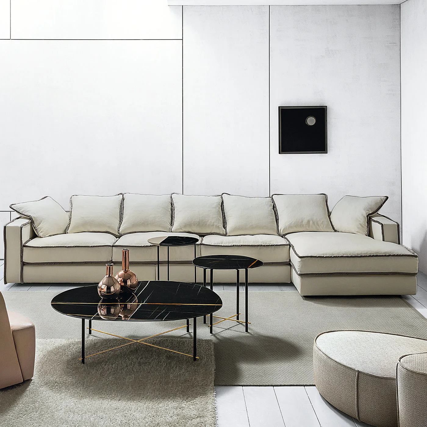 Pillopipe Taupe Fabric & Velvet Piping Modular Sofa by Paola Navone