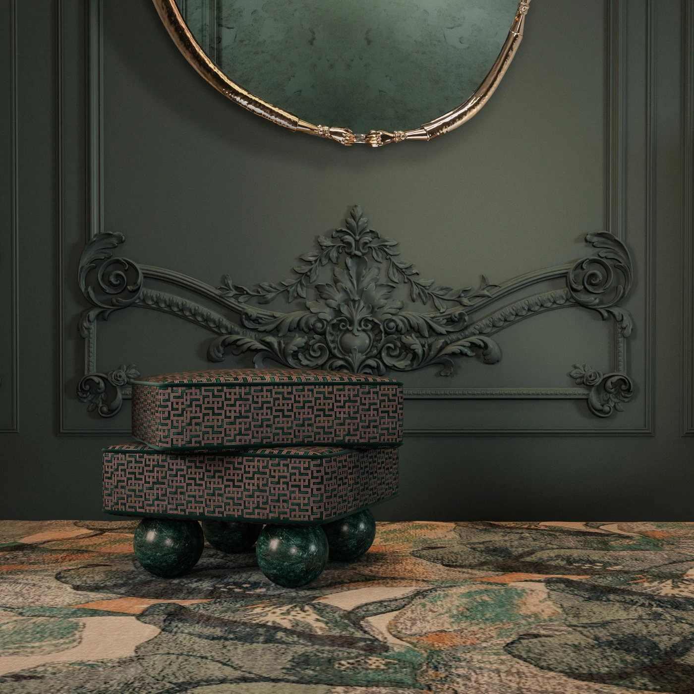 Postmodern Jacquard Velvet & Marble Stool