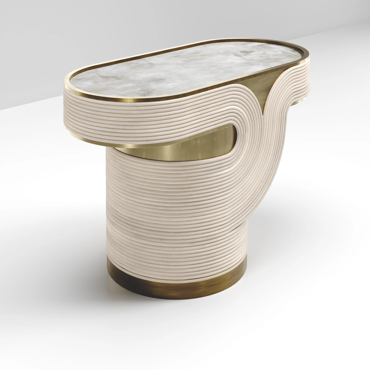 Rattan Side Table with Quartz & Bronze-Patina Brass Inlay