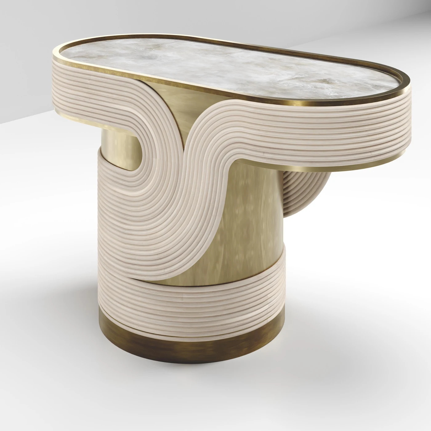 Rattan Side Table with Quartz & Bronze-Patina Brass Inlay