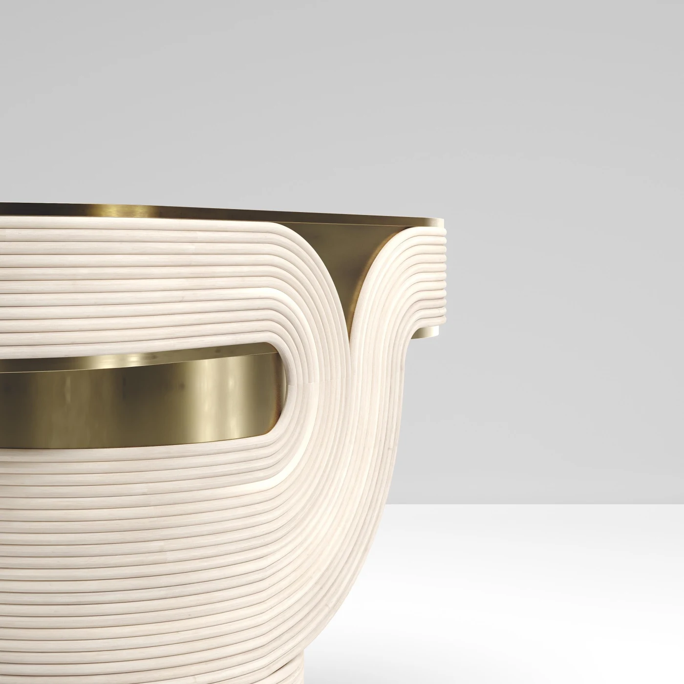 Rattan Side Table with Quartz & Bronze-Patina Brass Inlay