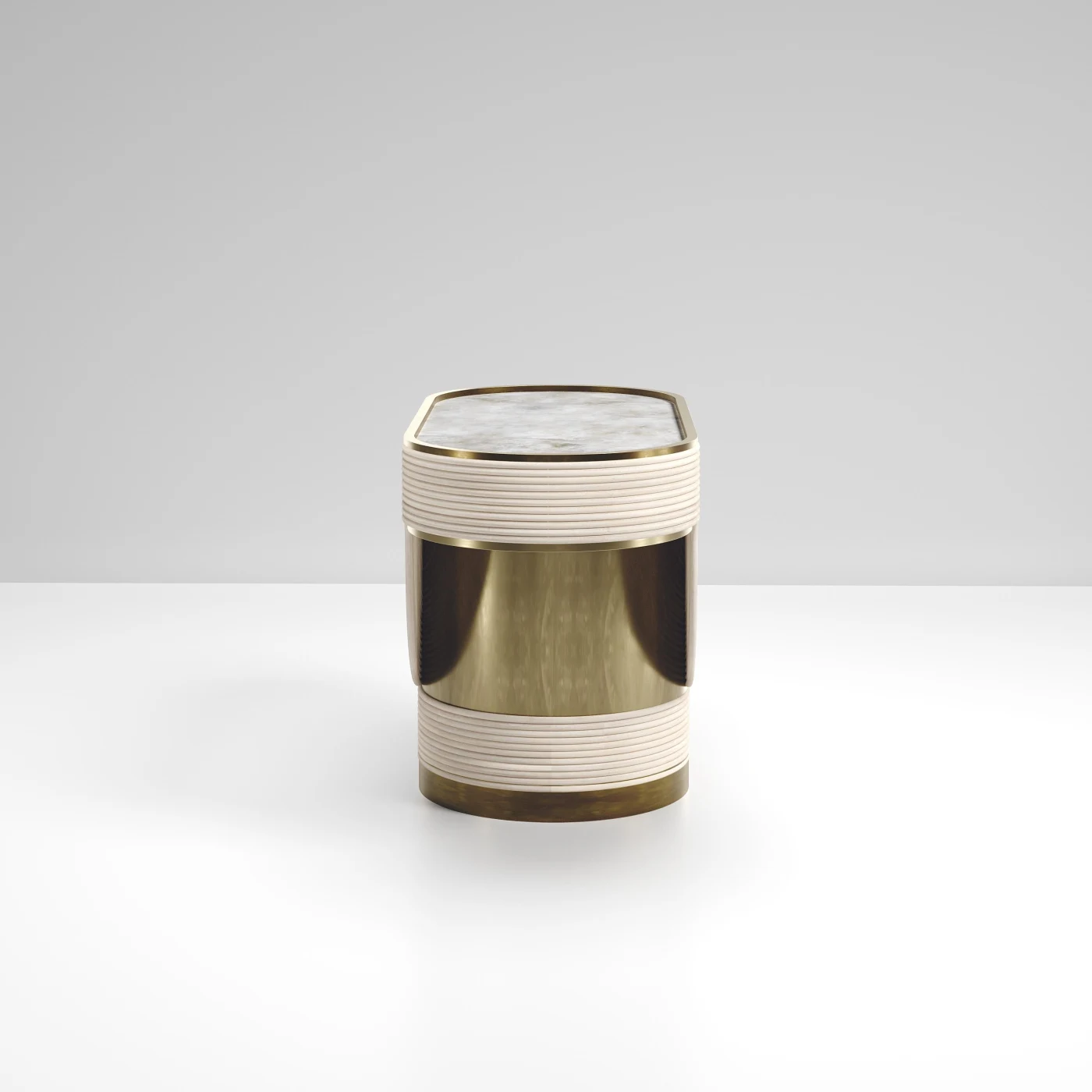 Rattan Side Table with Quartz & Bronze-Patina Brass Inlay