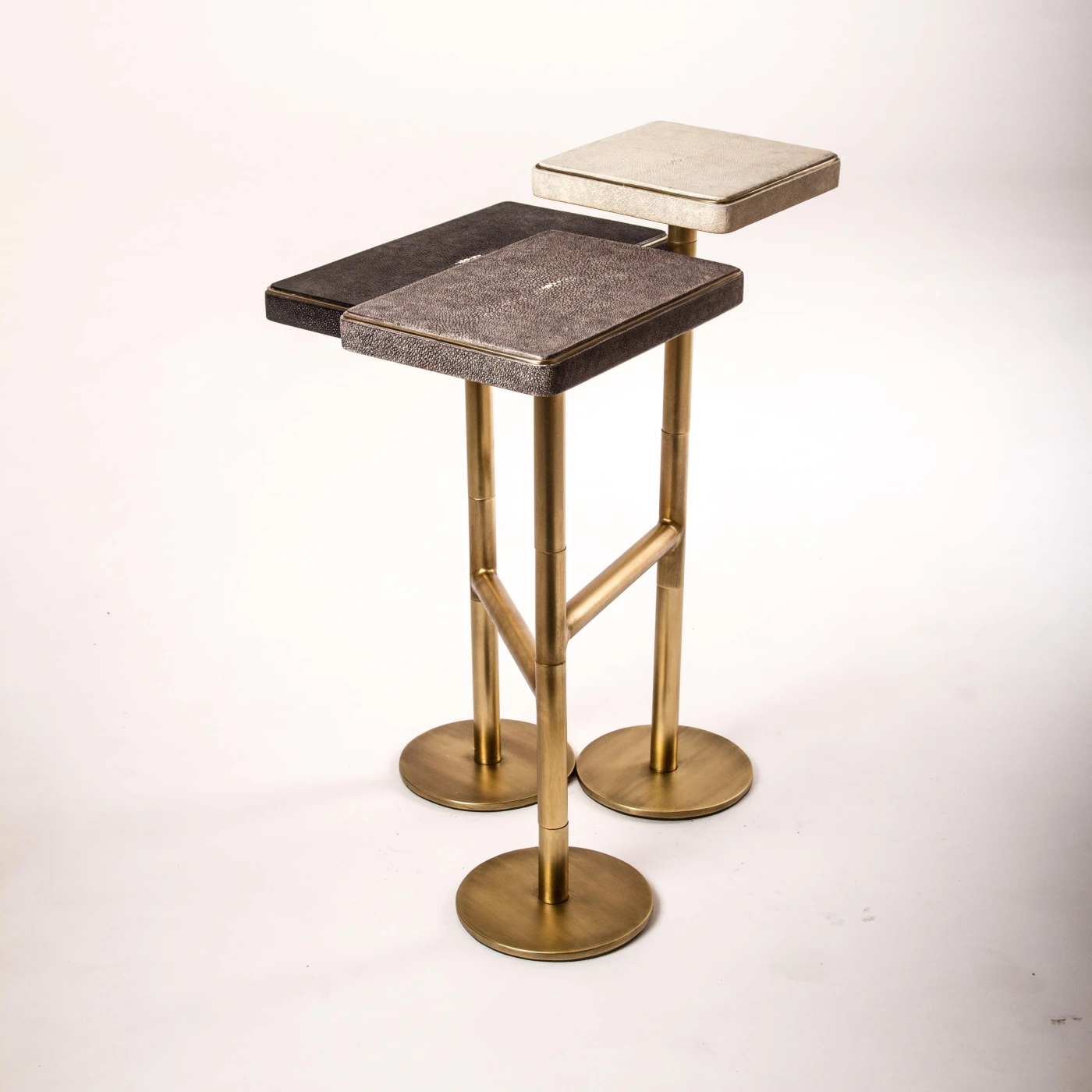 Rotating 3 Tier Side Table in Shagreen & Bronze Patina Brass