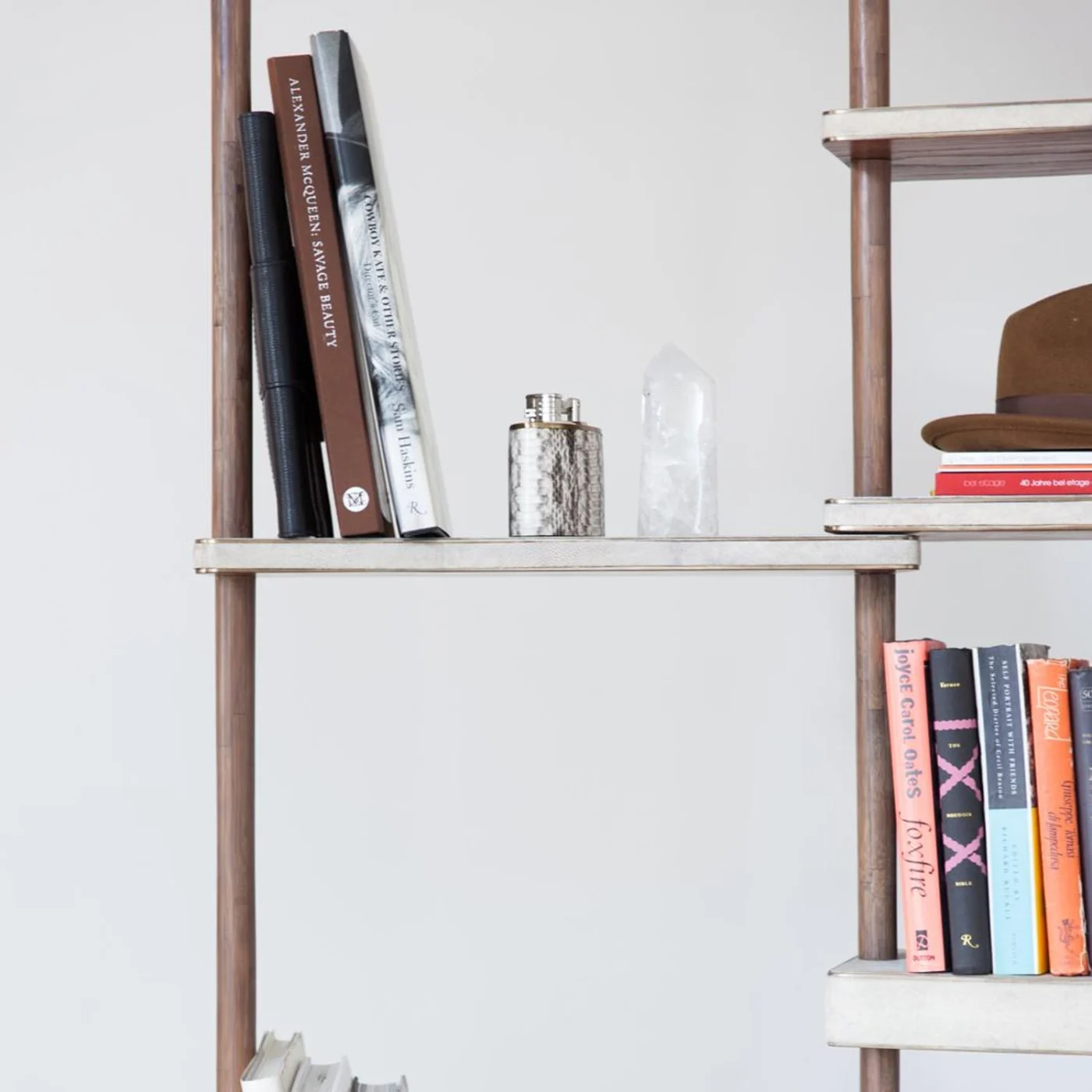 Rotating Cream Shagreen Shelving Unit with Full Body Mirror