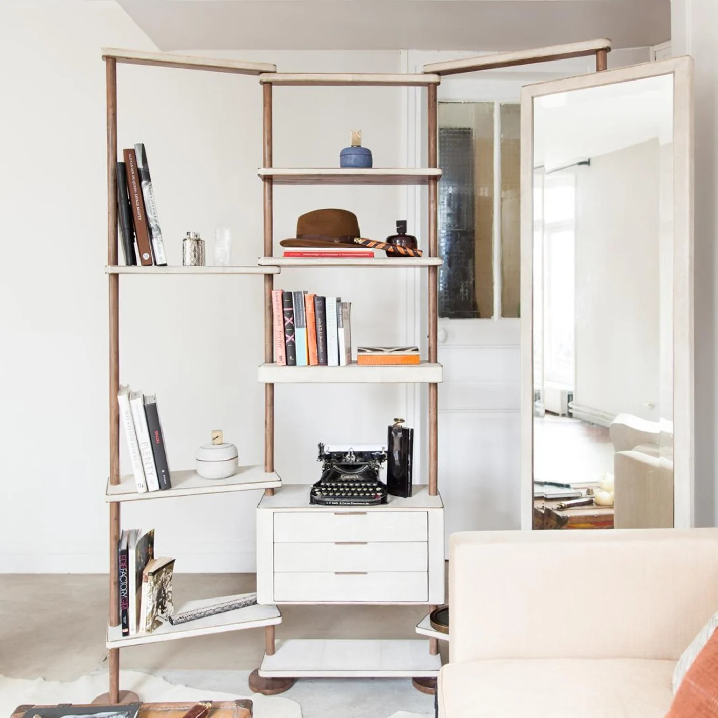 Rotating Cream Shagreen Shelving Unit with Full Body Mirror