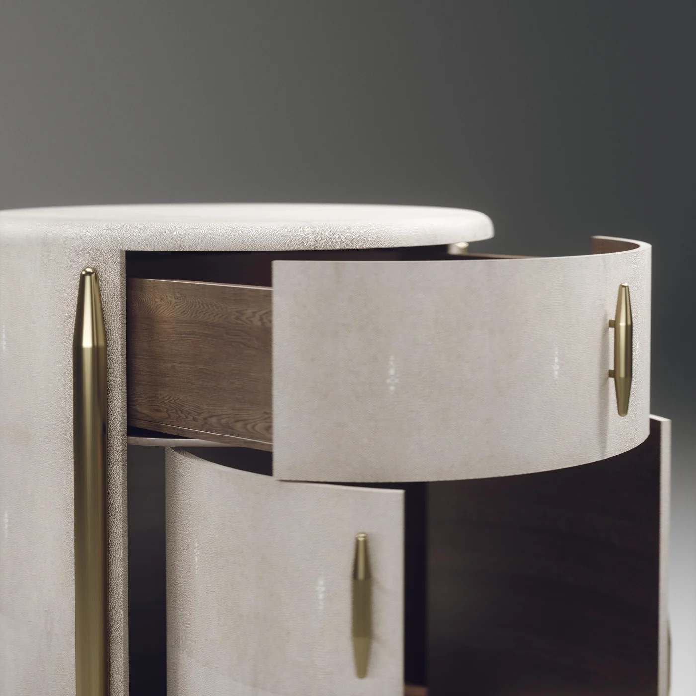 Round Shagreen Bedside Table with Brass Accents