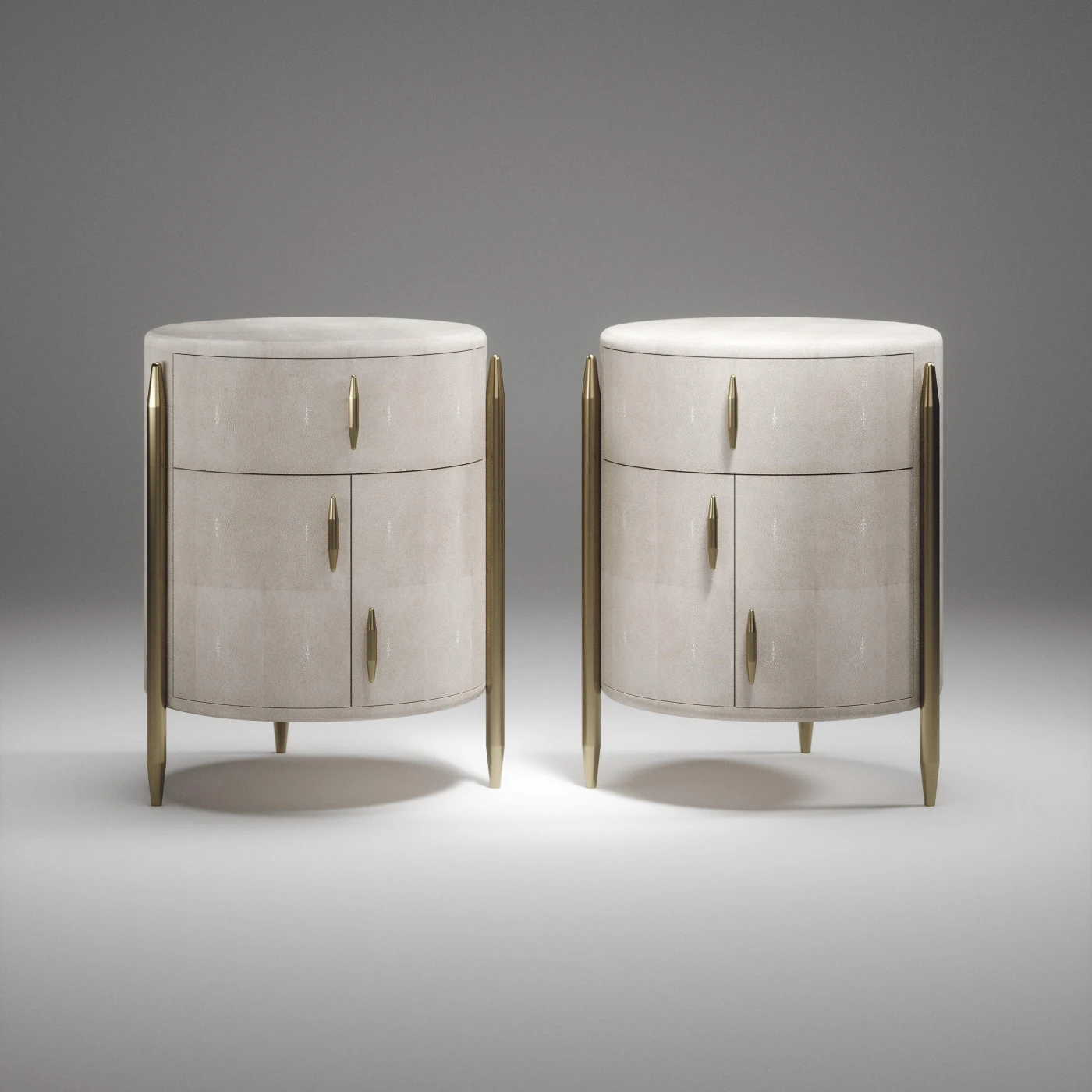 Round Shagreen Bedside Table with Brass Accents