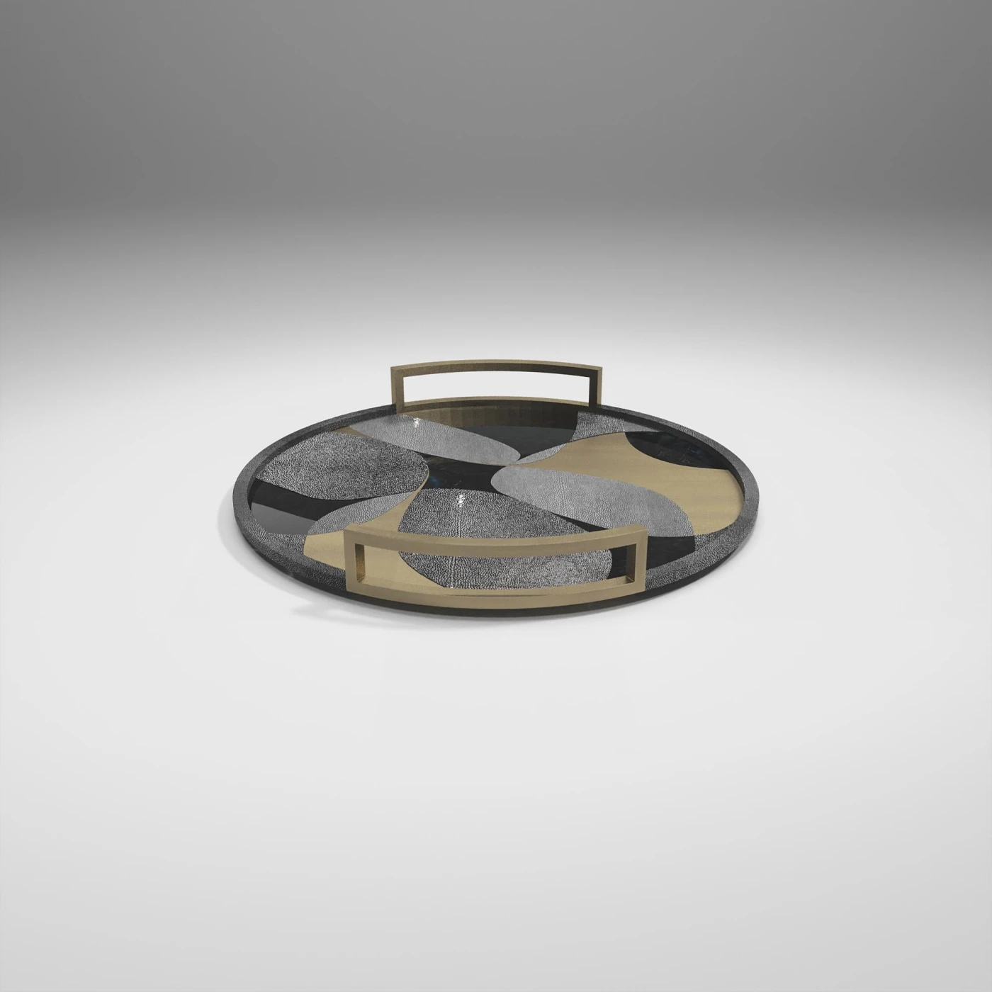 Round Shagreen Tray with Blue Pen Shell and Brass Inserts