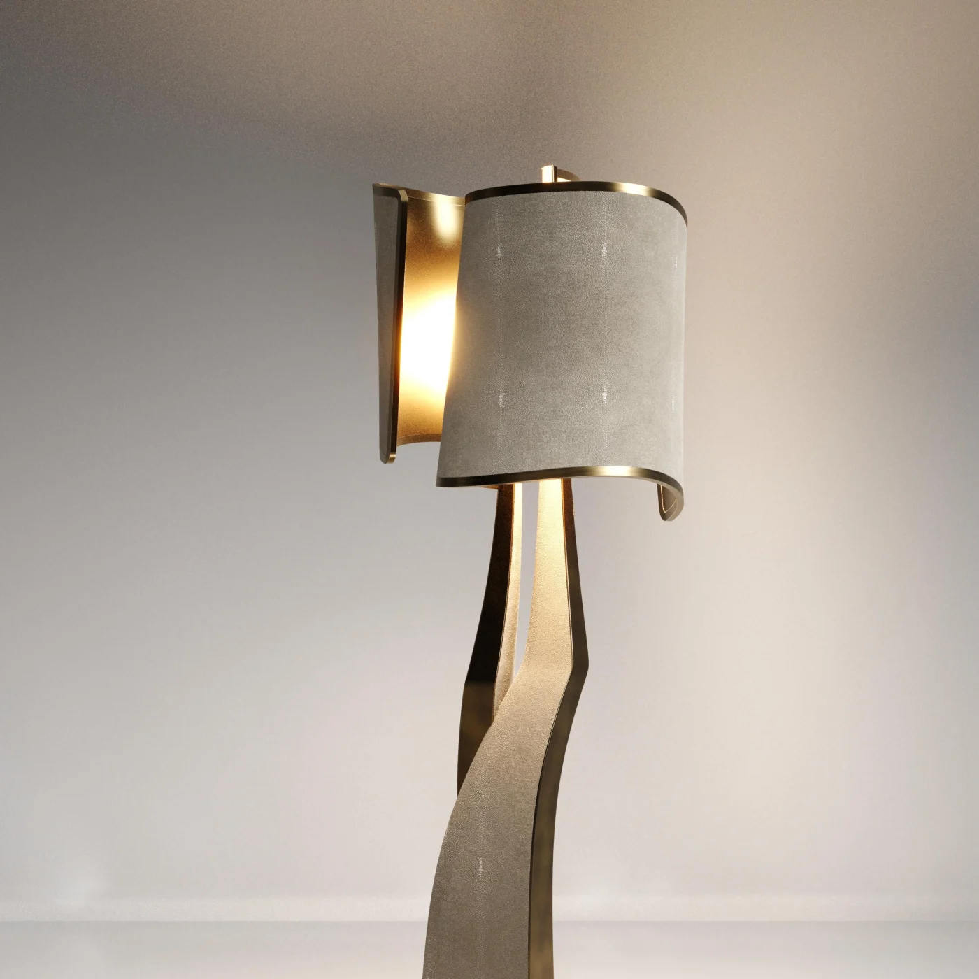 Sculptural Floor Lamp in Shagreen Inlay & Bronze Patina Brass