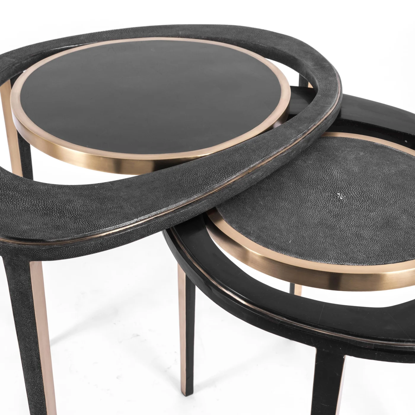 Set of 2 Peacock Nesting Tables in Shagreen Tiger Eye & Brass