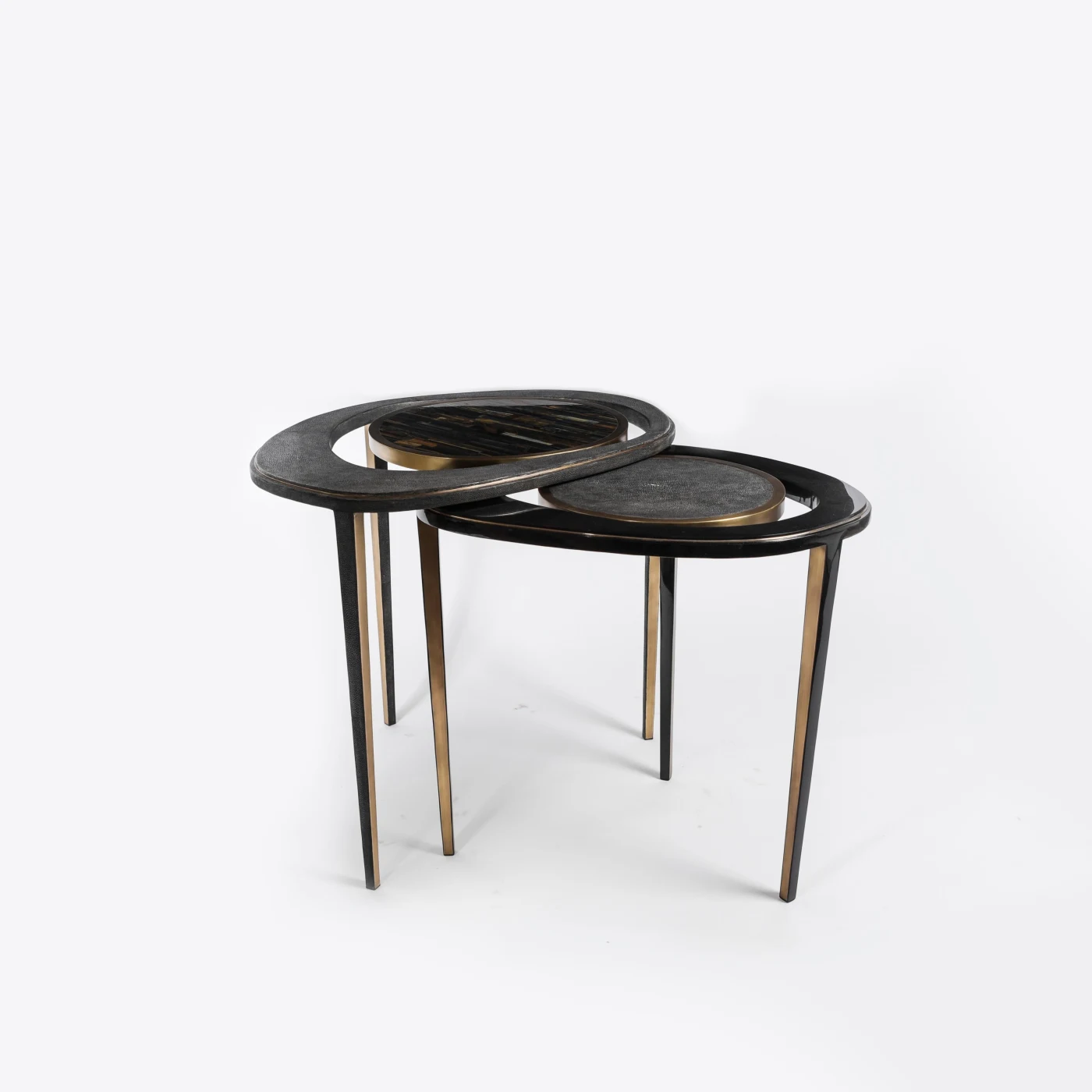 Set of 2 Peacock Nesting Tables in Shagreen Tiger Eye & Brass