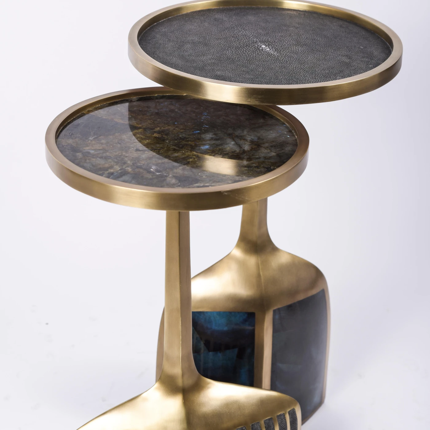 Pair Pedestal Tables in Shagreen Shell Lemurian and Brass
