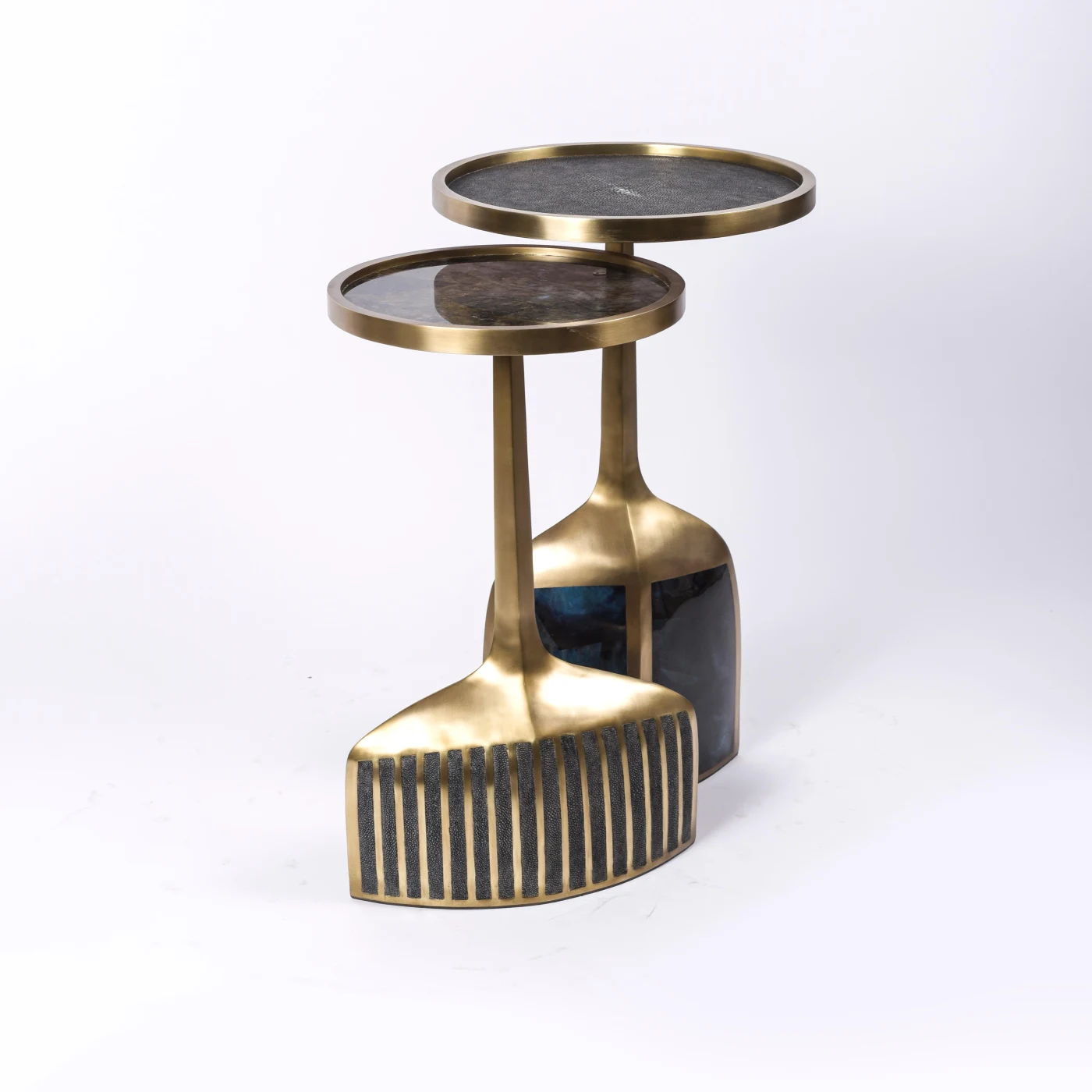 Pair Pedestal Tables in Shagreen Shell Lemurian and Brass