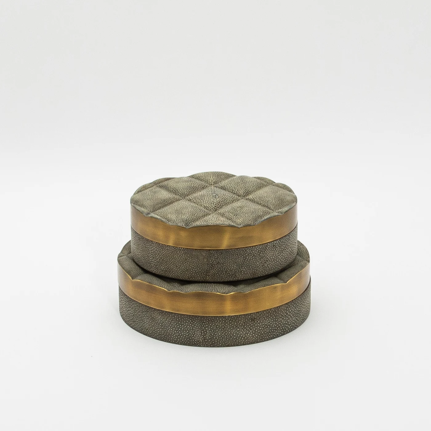 Set of 2 Grey Shagreen Quilted Boxes with Bronze Patina Brass