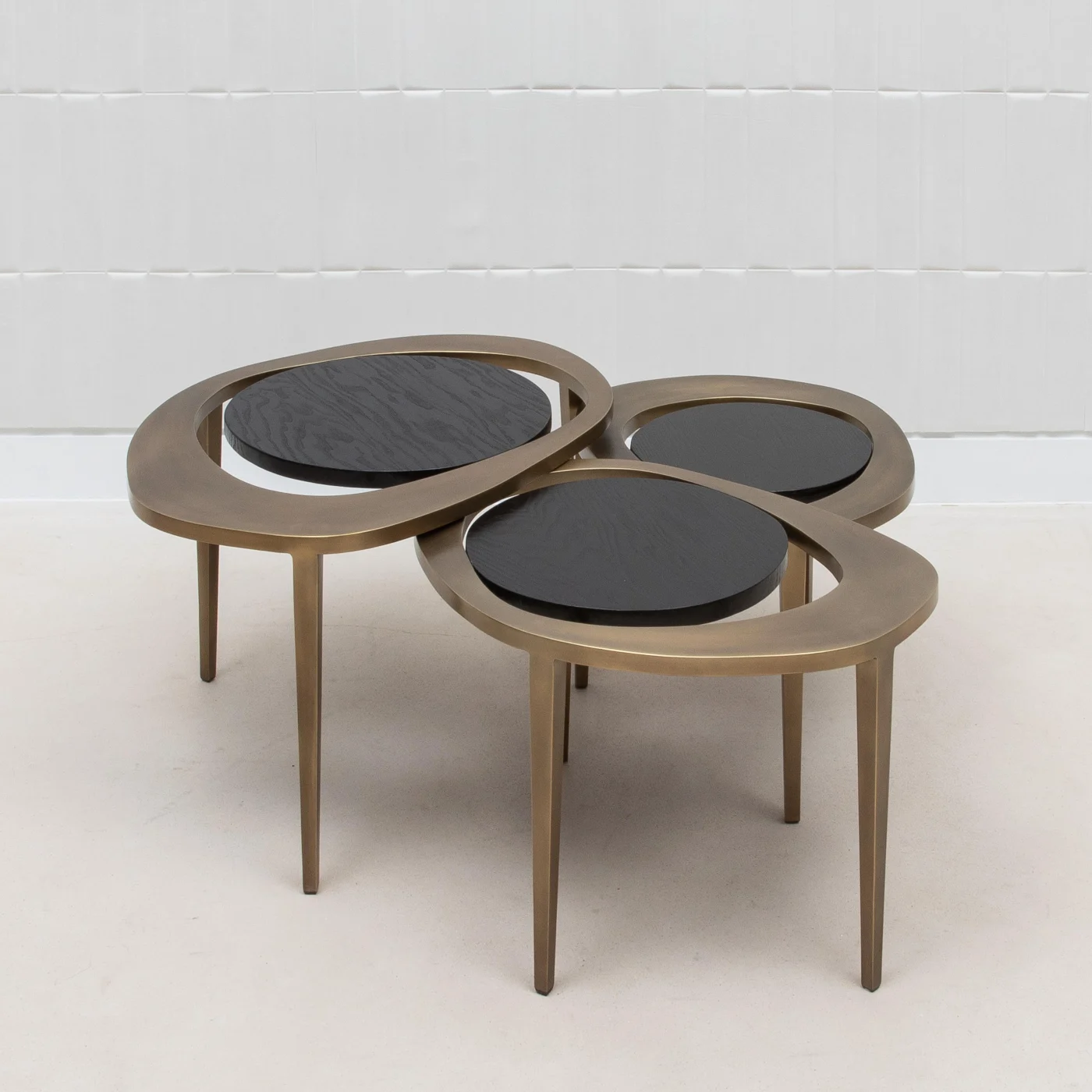 Set of 3 Tables in Black Oak with Bronze Patina Brass
