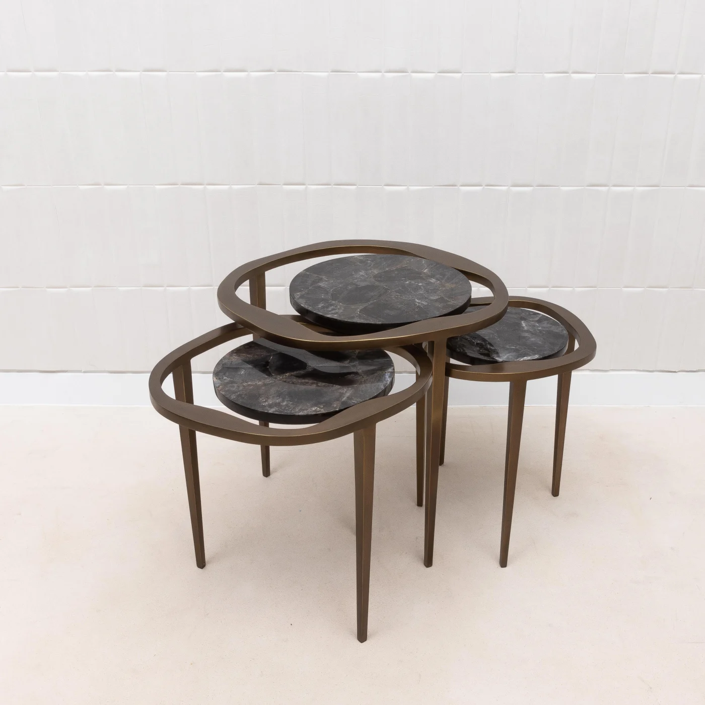 Set of 3 Nesting Tables in Black Quartz with 3 Legs Bronze Patina Brass