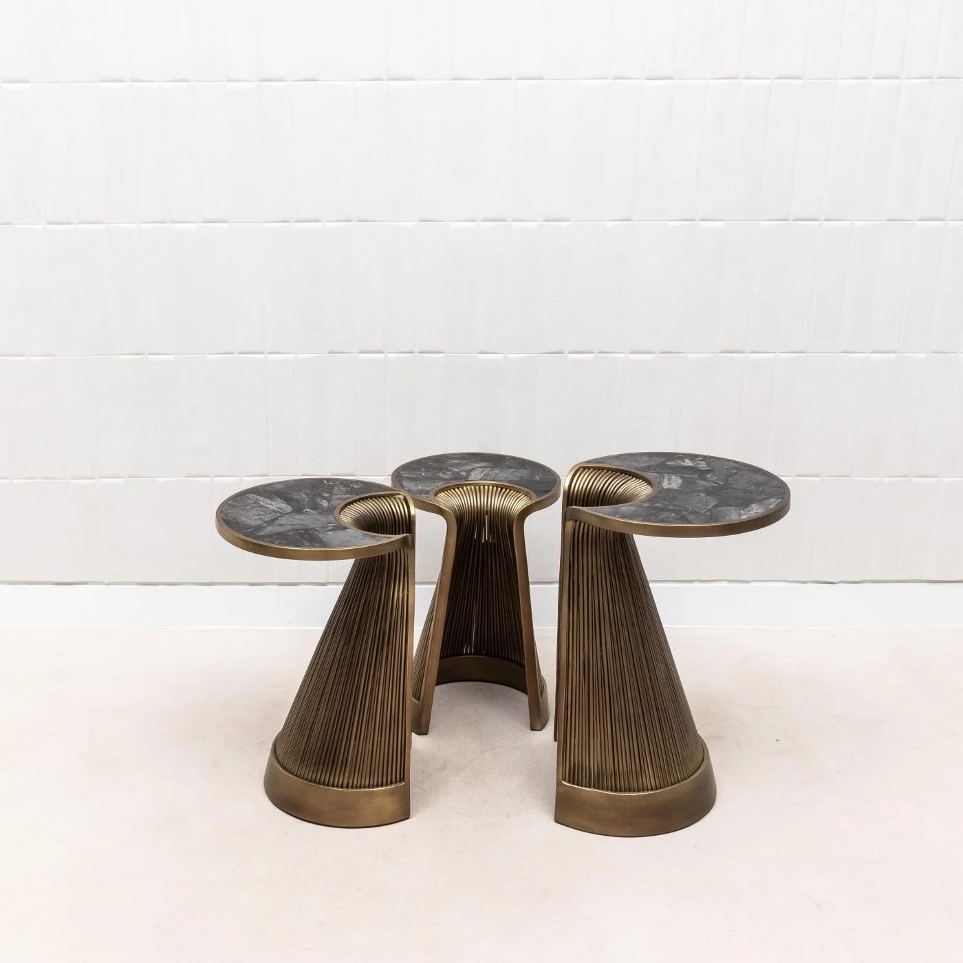 Set of 3 Nesting Tables in Black Quartz with Bronze Patina Brass
