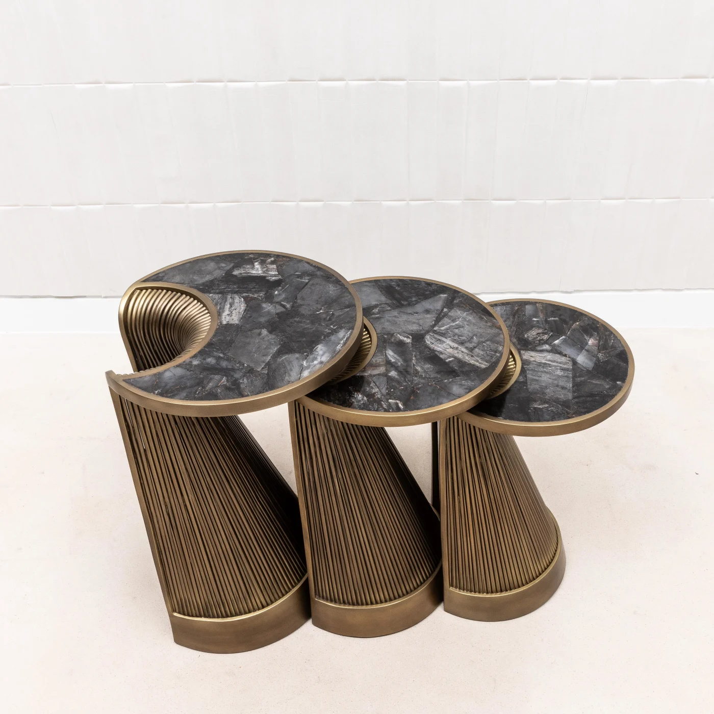 Set of 3 Nesting Tables in Black Quartz with Bronze Patina Brass