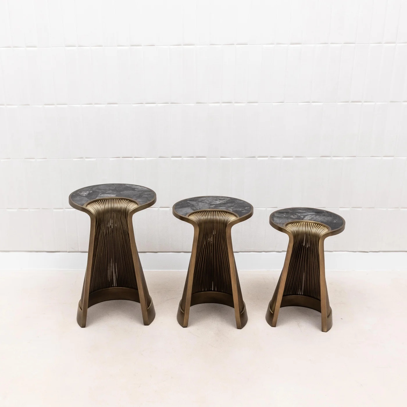 Set of 3 Nesting Tables in Black Quartz with Bronze Patina Brass