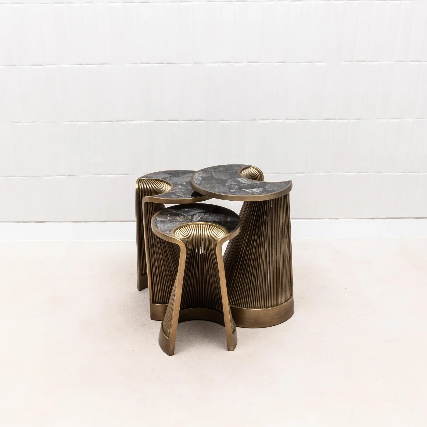 Set of 3 Nesting Tables in Black Quartz with Bronze Patina Brass