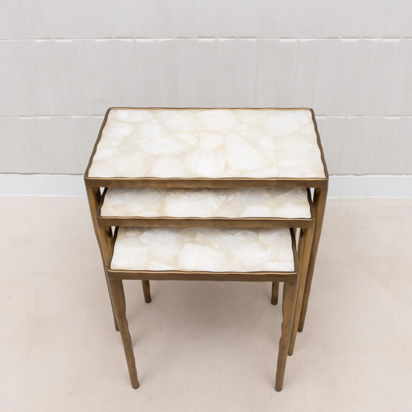 Set of Nesting Tables in White Quartz with Bronze Patina Brass