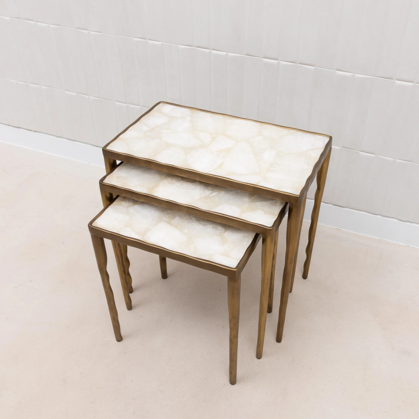 Set of Nesting Tables in White Quartz with Bronze Patina Brass