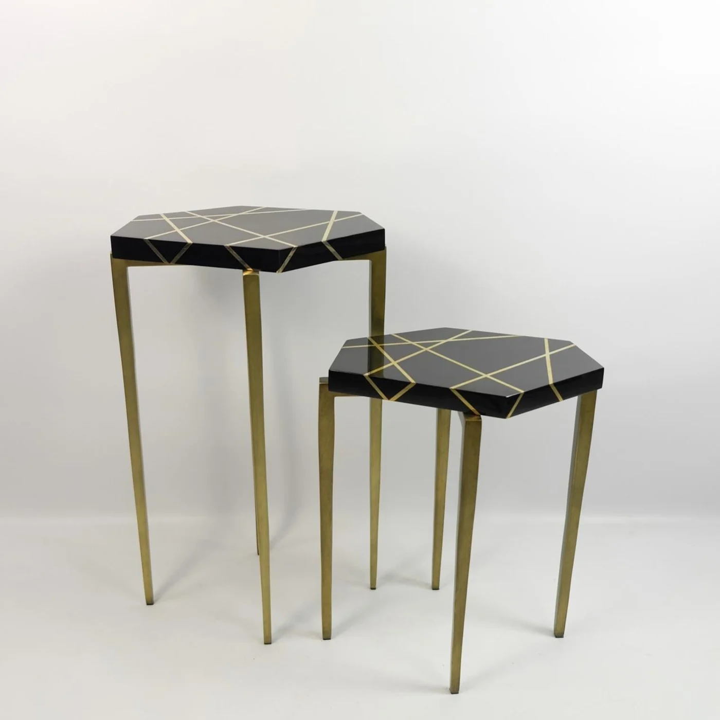 Set of Polygonal Side Tables In Black Marquetry And Brass