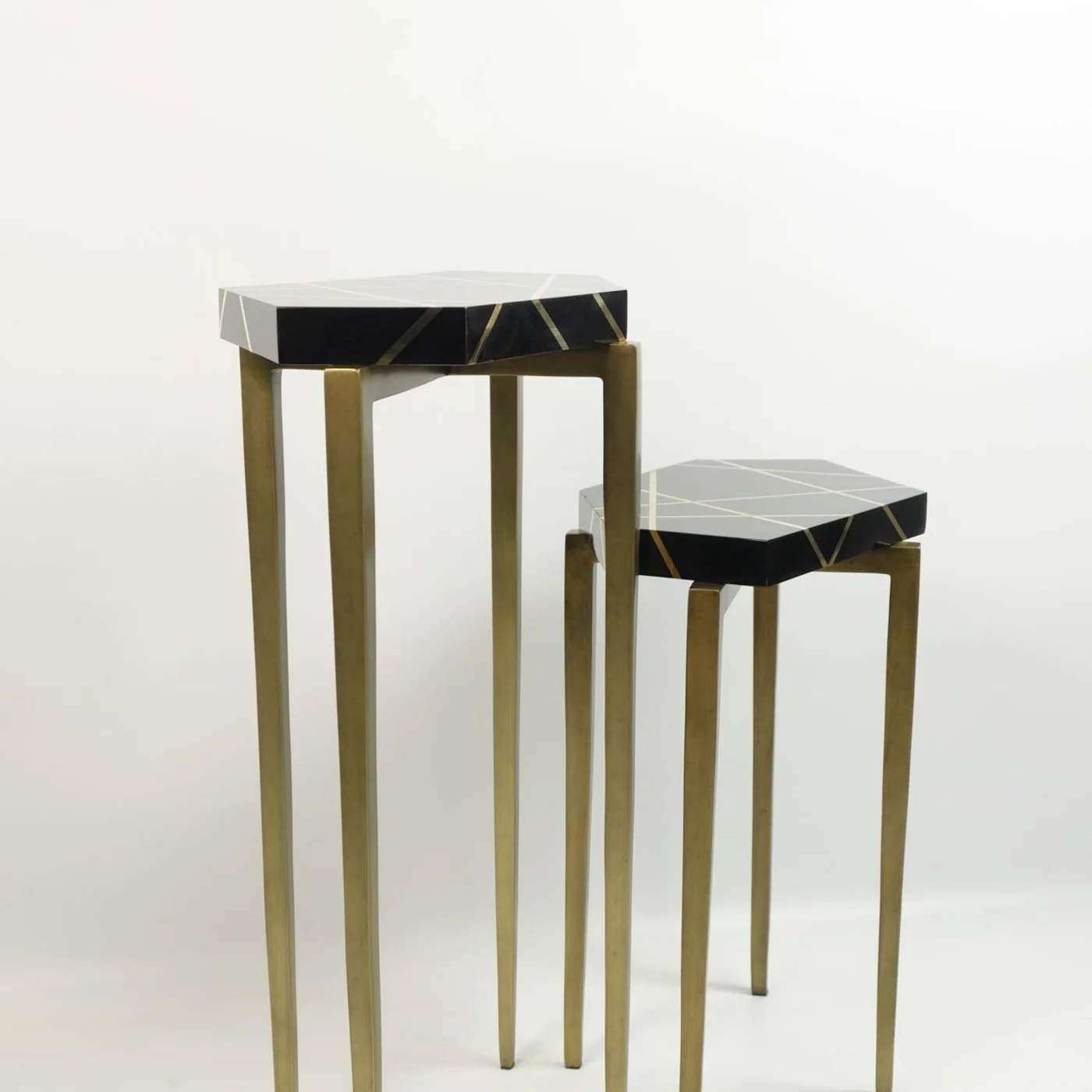 Set of Polygonal Side Tables In Black Marquetry And Brass