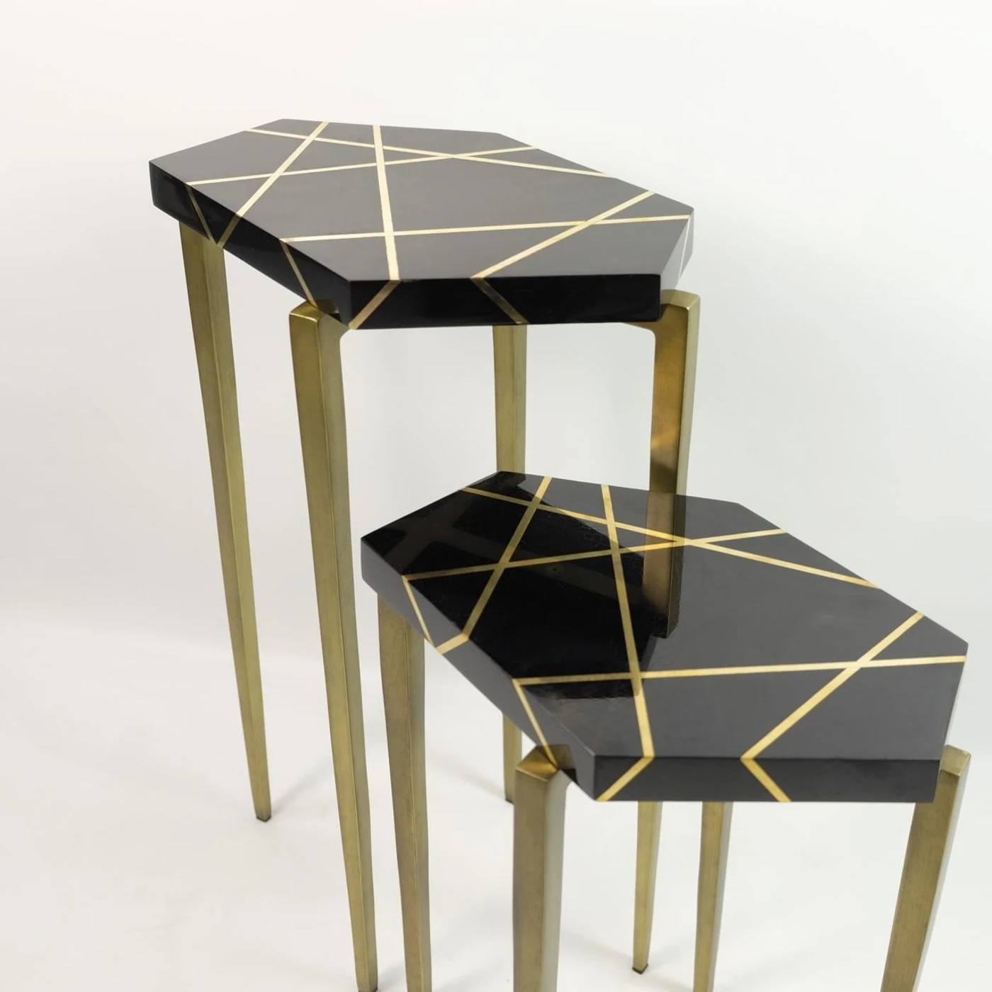 Set of Polygonal Side Tables In Black Marquetry And Brass