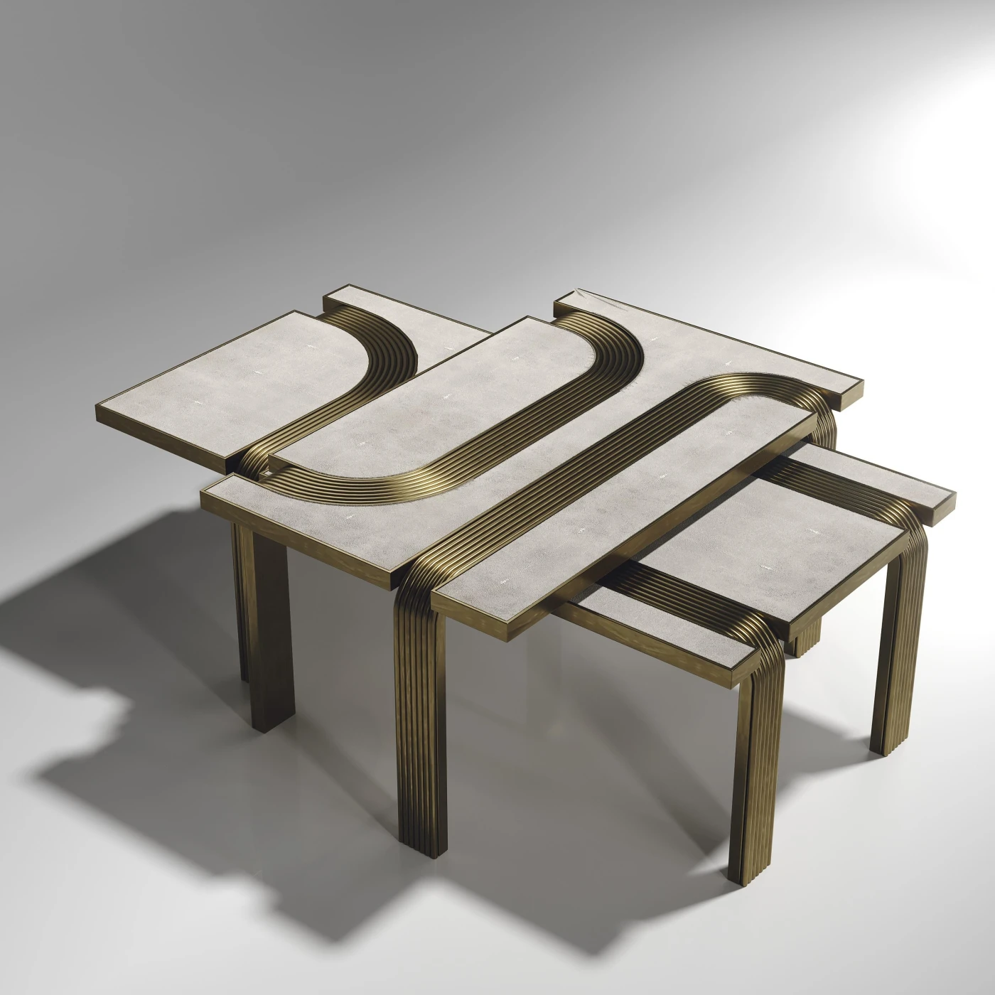 Shagreen Nesting Coffee Tables with Bronze-Patina Brass Inlay