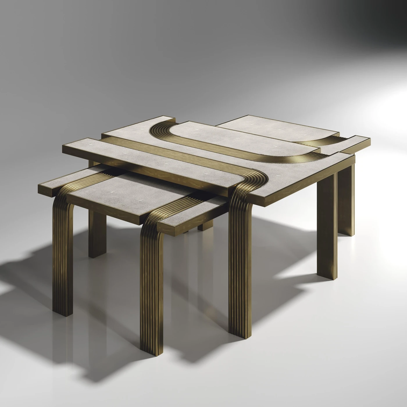 Shagreen Nesting Coffee Tables with Bronze-Patina Brass Inlay