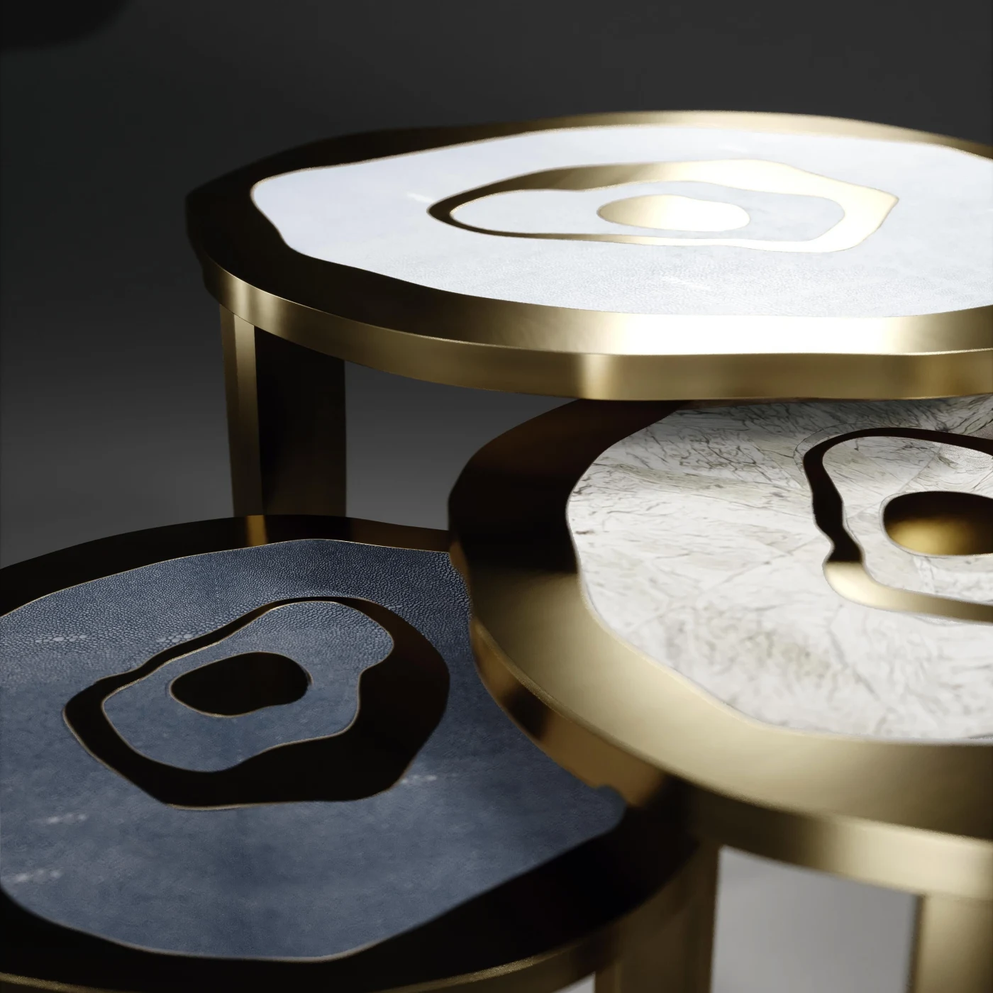 Shagreen Nesting Tables with Stone and Bronze-Patina Brass