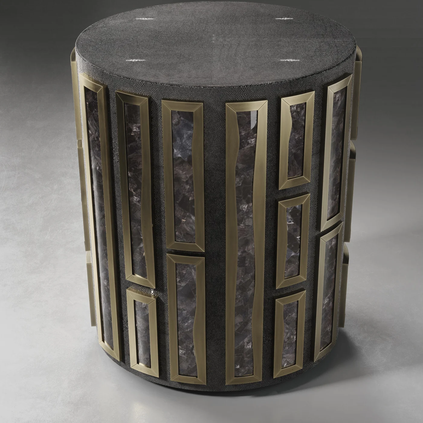 Shagreen Table with Quartz & Bronze Patina Brass Details