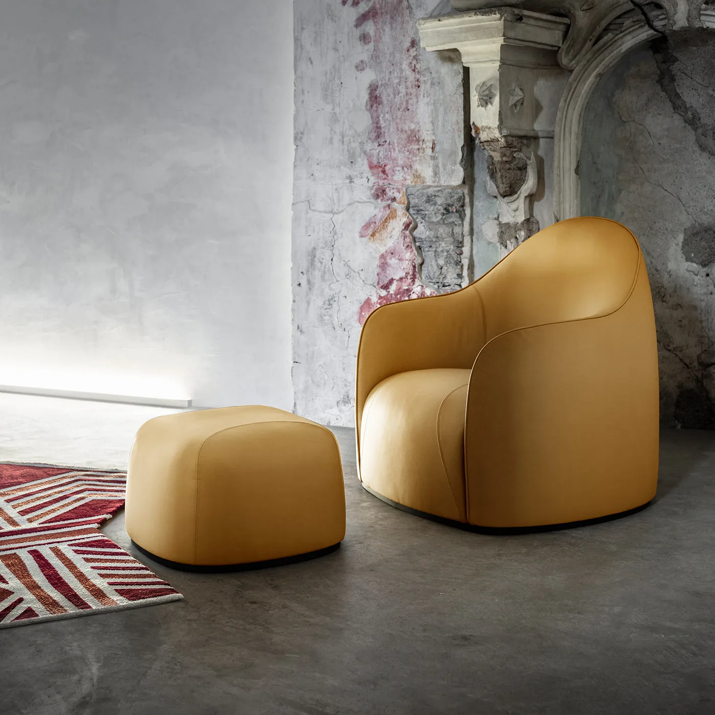 Sweet Set of Mustard Armchair And Pouf By Elisa Giovannoni