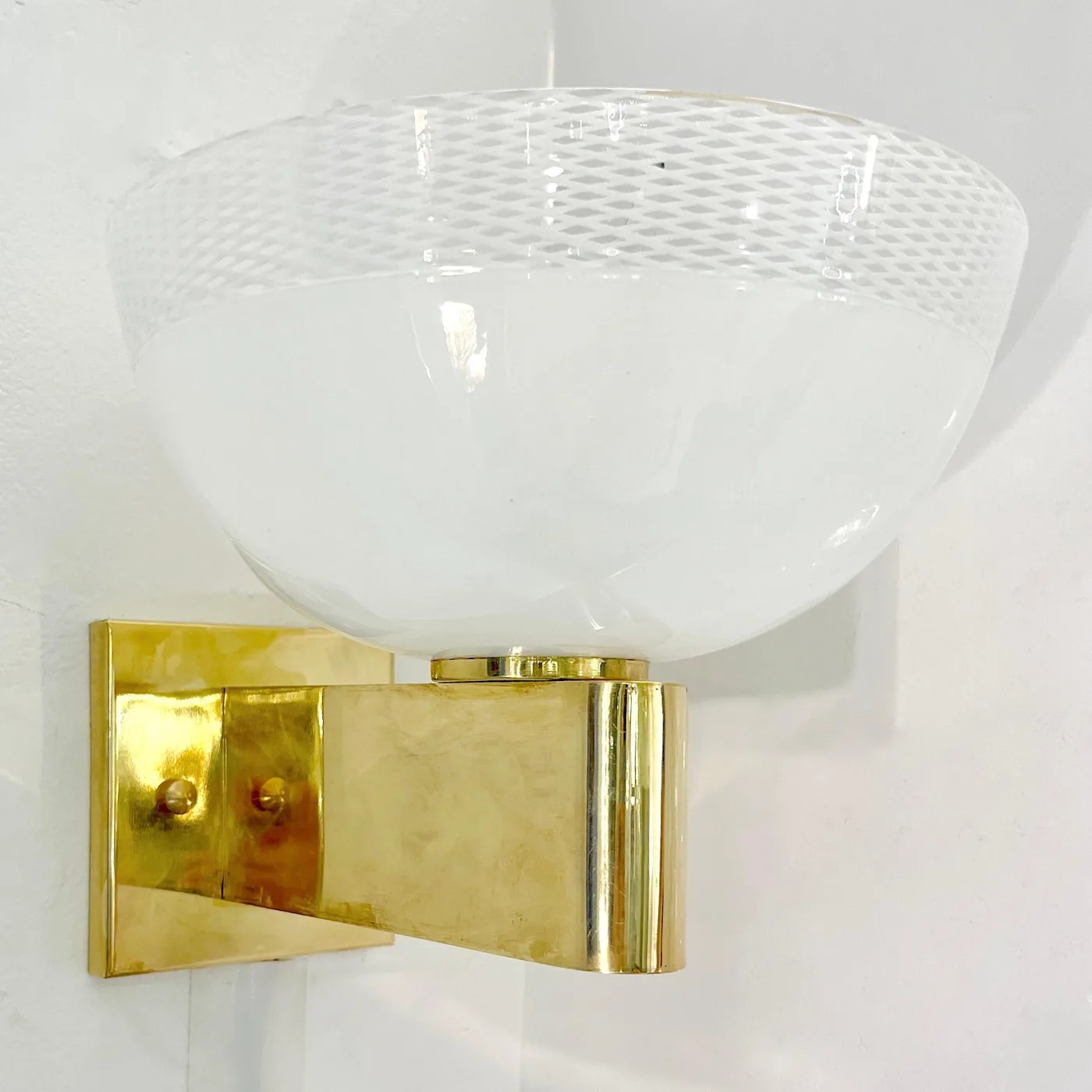 Venini Style 1970s Italian Art Deco Design White Murano Glass Bowl Brass Sconces