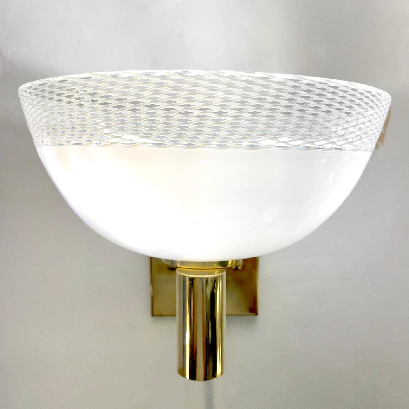 Venini Style 1970s Italian Art Deco Design White Murano Glass Bowl Brass Sconces