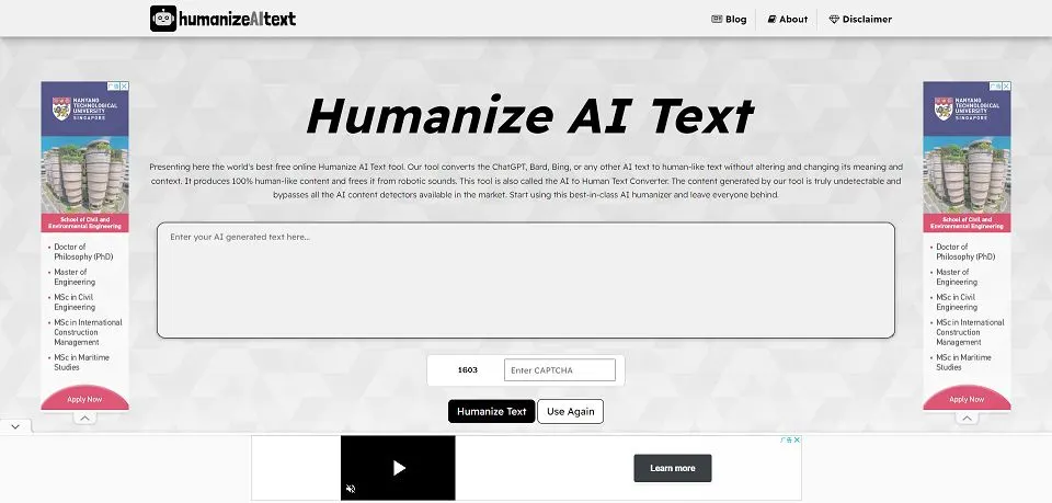 Humanize AI Text landing page