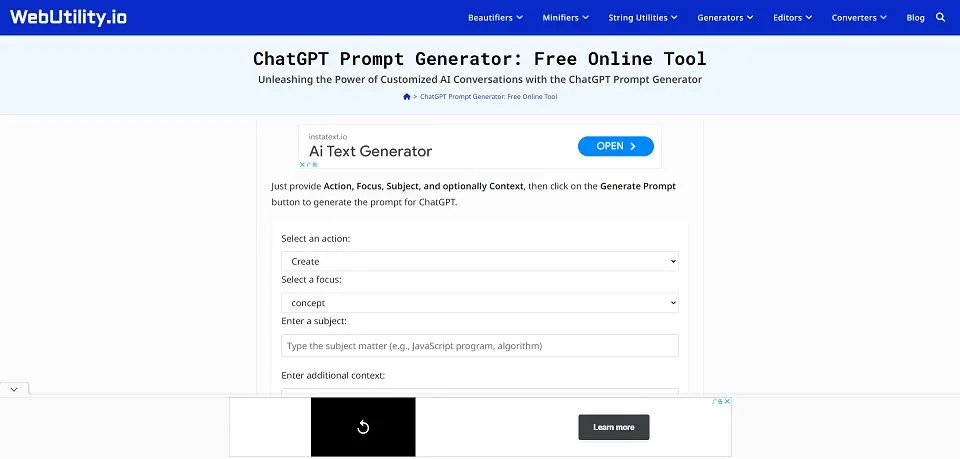 ChatGPT Prompt Generator landing page