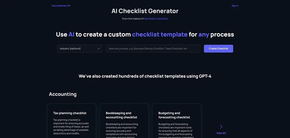 Checklistgenerator landing page