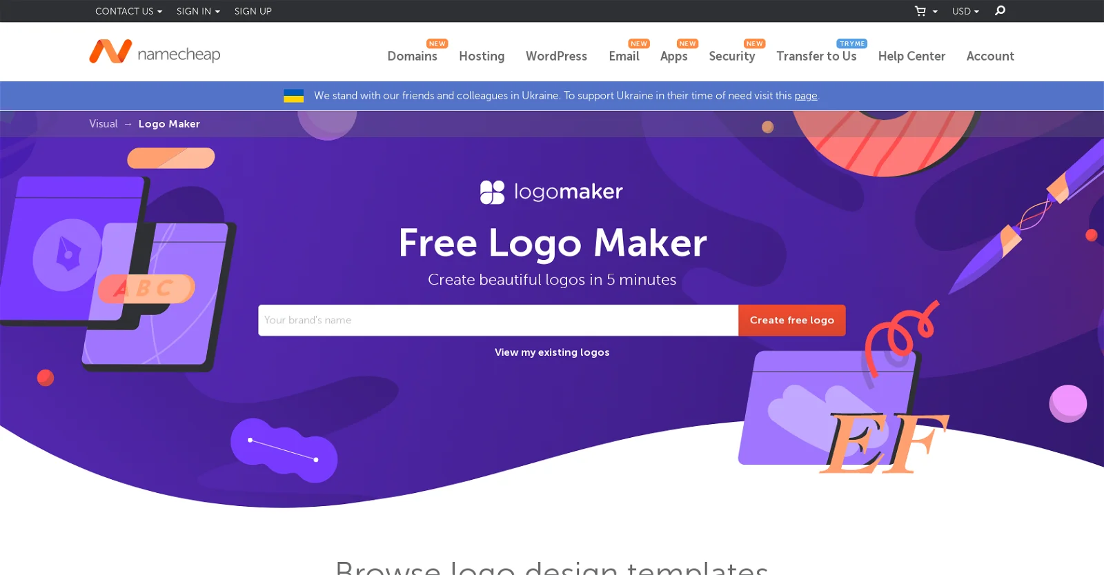 Namecheap Free Logo Maker landing page