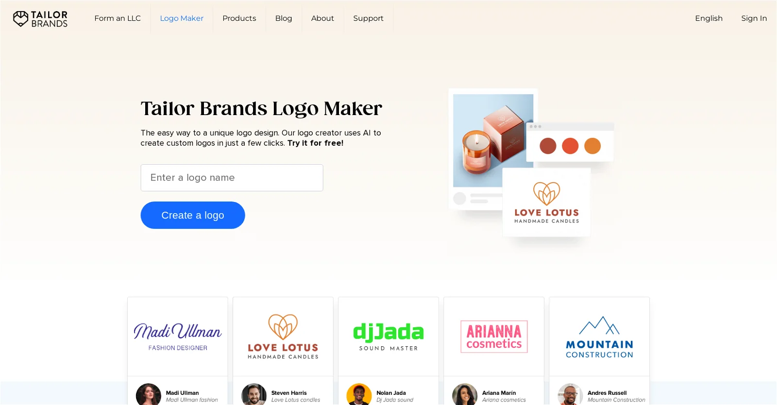 Tailor Brands landing page