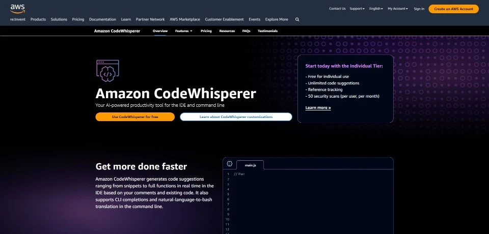 Amazon CodeWhisperer landing page