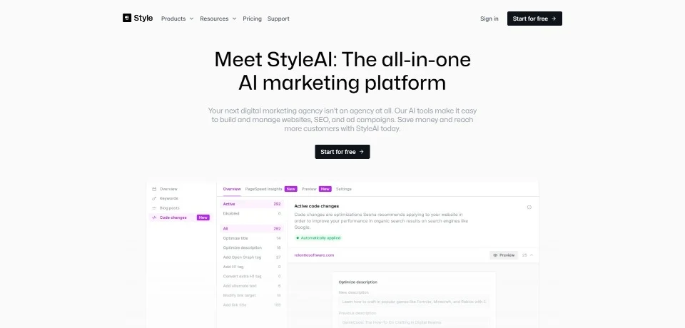 StyleAI landing page