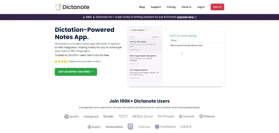 Dictanote landing page