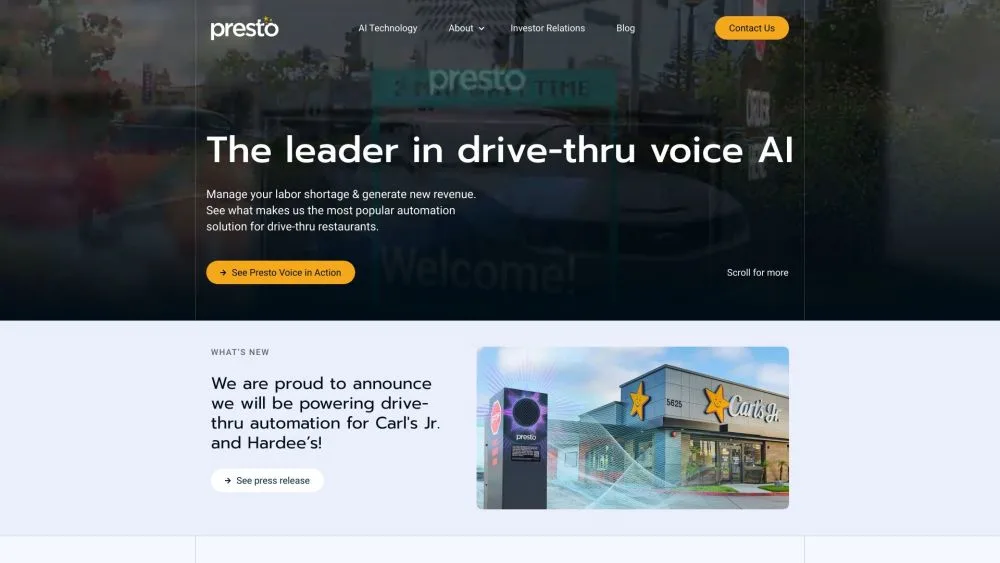 Presto AI landing page