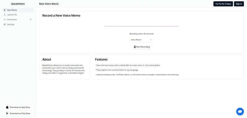 SpeakNotes landing page