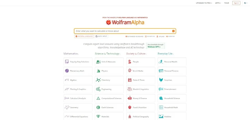 WolframAlpha landing page